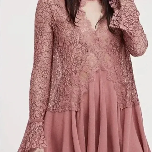 FREE PEOPLE Secret Origins Lace Tunic Dusty Mauve Size Small New With Tags - Picture 3 of 10